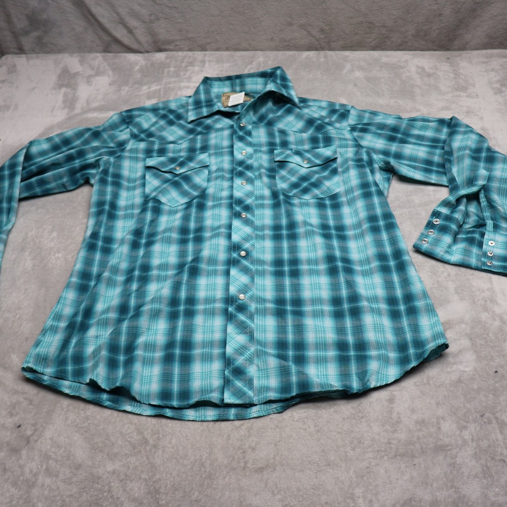 Wrangler Pearl Snap Shirt Men Large Blue Plaid Western Long Sleeve Button Up
